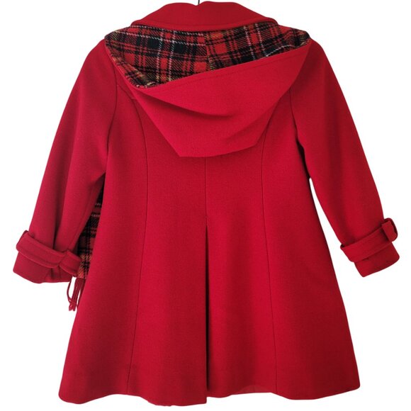 1980s Rothschild Girls Red Hooded Button Pea Coat Plaid Detail w/ Scarf size 6X - Picture 2 of 15